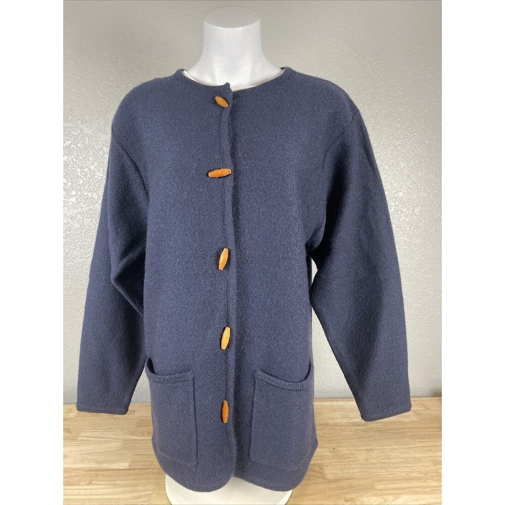 Lucia Womens Sz M 100% Wool Blue Toggle Button Sweater Cardigan Oversized Pocket